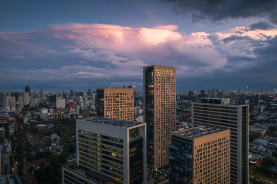 Aerial view of Miyana tower and modern buildings at sunset in Polanco, Mexico City, Mexico.
