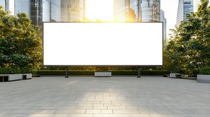 Fototapeta premium Blank Billboard in City Park with Modern Buildings