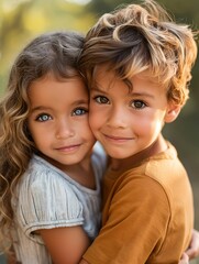 Two children sharing a heartfelt hug, their loving smiles and bright eyes capturing a beautiful moment of togetherness.