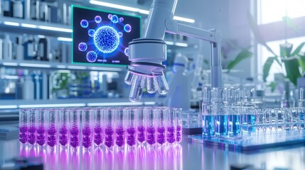 Robotic Arm Manipulating Test Tubes with Purple Liquid in a Modern Laboratory