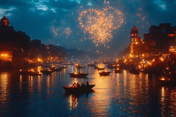 A vibrant nighttime celebration with fireworks and illuminated boats on a river.