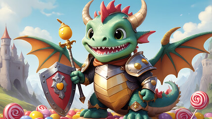 Naklejka premium A cute cartoon dragon dressed up as a knight, with tiny wings and a big toothy grin, holding a shield decorated with candy.