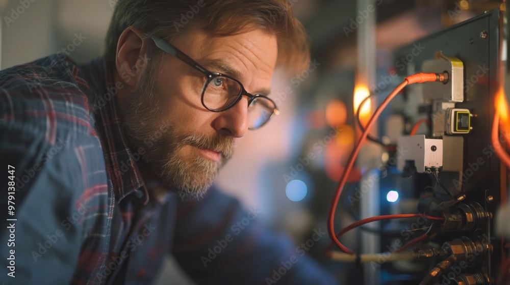 Aufkleber a focused engineer with glasses works intently on technical equipment in a workshop with wired compo