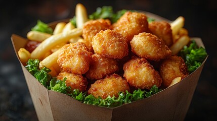 Fototapeta premium Crispy golden fries and nuggets combo, delicious fast food concept for meal