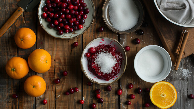 Cranberry Sauce Ingredients with Fresh Oranges, Sugar, and Cinnamon on Rustic Wooden Table