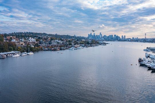 Aerial view of Lake Union with float plane and skyline, Seattle, United States.