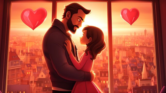 Romantic couple embracing in animated style against a sunset backdrop with heart motifs