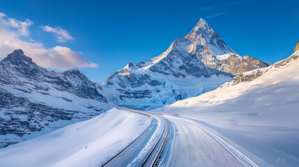 Serene landscape of a pristine alpine lake with snow-capped mountains in Switzerland.