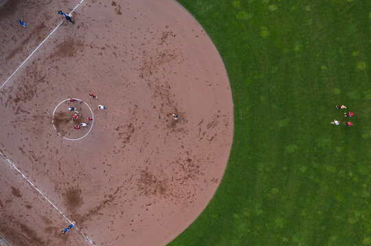 Aerial view of softball diamond with players in action, Haydu Park, Cowlitz County, United States.