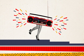 Collage 3d pinup pop retro sketch image of red boom box walking lady legs isolated painting...