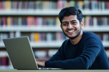 Obraz premium A smiling student working on a laptop in a library, showcasing focus and productivity in an academic environment.