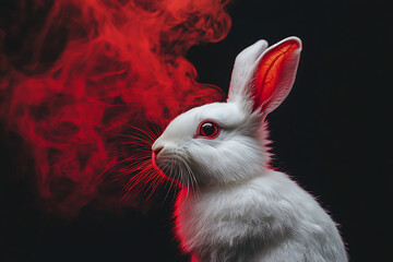 A mystical white rabbit with red eyes and smoke, creating a surreal atmosphere.