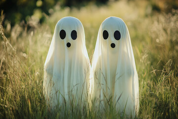 Funny people kids animals wearing halloween ghost costume celebrating, Generative AI