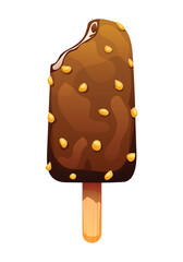 Bitten ice cream stick with chocolate and nut topping, frozen dessert with a crunchy texture. Vector cartoon illustration