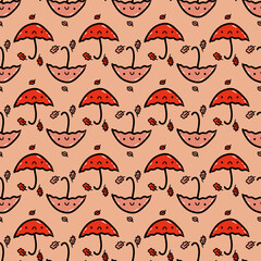 Fall artwork doodle seamless pattern with umbrellas and leaves. Perfect print for paper, textile and fabric. Hand drawn illustration.