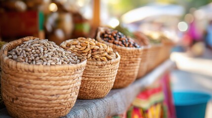 Obraz premium Seed Market Stall Display in Woven Baskets