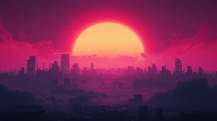 Futuristic City Skyline with Sunset in Pink and Purple Colors