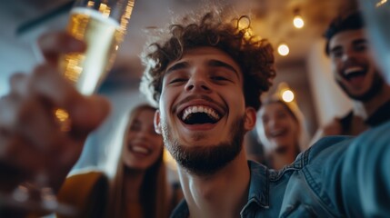Obraz premium Diverse friends toasting with champagne at festive celebration