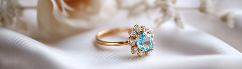 Aquamarine ring on satin fabric