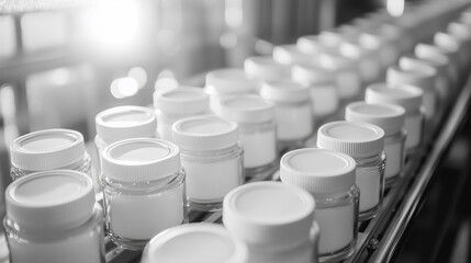 Obraz premium Cosmetic bottles neatly arranged on the assembly line