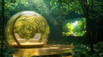 Modern Glass Dome Relaxation Area in Tropical Rainforest