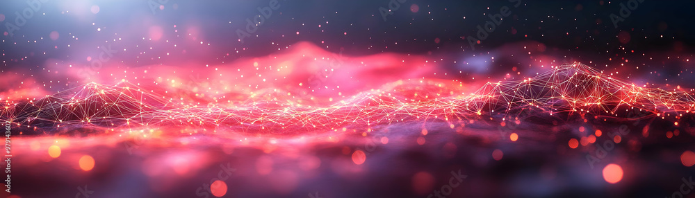 Poster abstract background - network connection with glowing dots and lines on red background