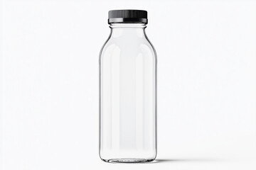 Clear glass bottle mockup with a black screw cap shown against a neutral background. Ideal for showcasing drink packaging designs, juice labels, or milk branding concepts.