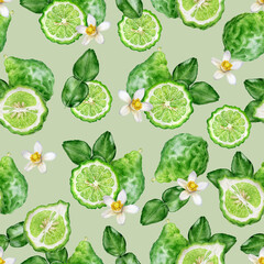 Seamless Watercolor Bergamot Fruit Pattern with Leaves and Flower