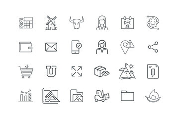 Bull, Business woman, Calendar, Flow data, set of icons for web design, vector illustration