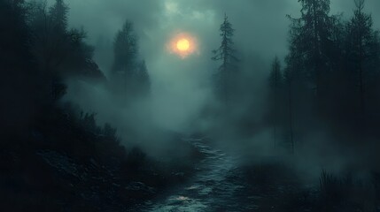 Fototapeta premium A Foggy Forest Path with a Glowing moon in the Distance.