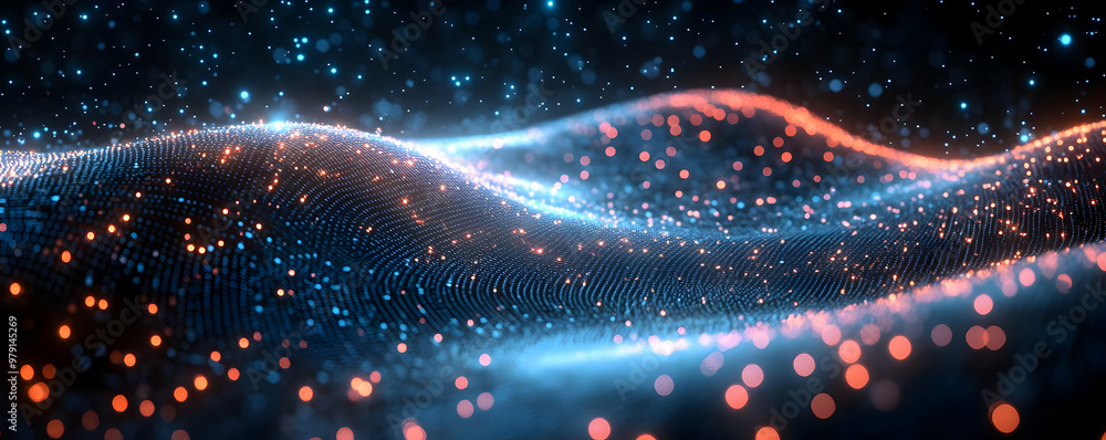 Poster abstract background - glowing waves of particles and bokeh