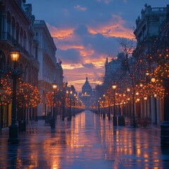 Naklejka premium Cityscape at Dawn with Festive Lights