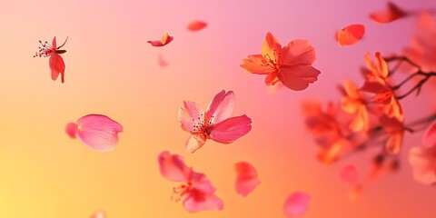 Obraz premium Pink flowers with petals floating on a soft orange and pink background.