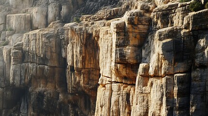 Ancient rocky cliff with wooden wall texture, featuring a mountain landscape, waterfall, and trees, showcasing natural erosion and geological formations