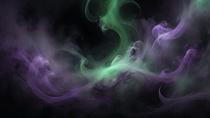 Obraz premium Abstract swirling mist with ghostly shapes in dark purples and blacks, highlighted by glowing green wisps of fog, creating an eerie yet captivating backdrop with ample copy space in the center.