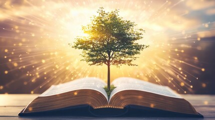 Open Book with Tree Growing Upwards  Glowing Light  Nature  Knowledge  Inspiration