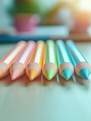 Close-up of colorful pencils arranged in a row.