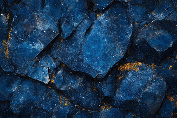 An abstract close-up of dark blue rocks with hints of golden flecks creating a striking contrast and a textured surface