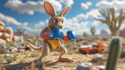 Kangaroo with boxing gloves hopping through a vibrant cartoon outback