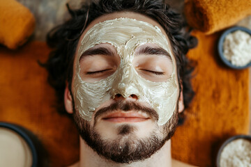 Fototapeta premium Bearded man undergoing facial treatment in modern spa salon. A man with a nourishing mask on his face. Male cosmetology and facial care concept