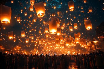 A captivating night scene of a sky lantern festival with a crowd celebrating.
