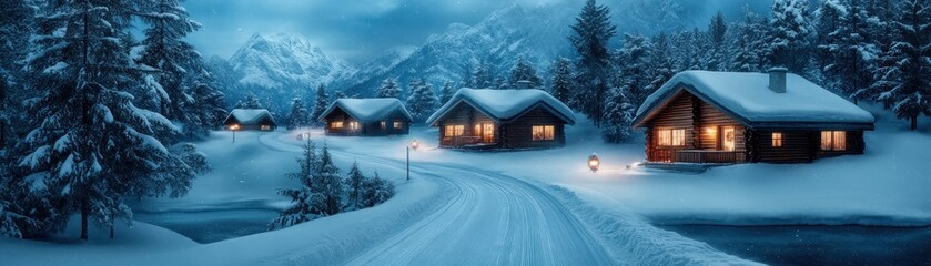Fototapeta premium Cozy Cabins Nestled in a Winter Wonderland Snow-Covered Roofs and Scenic Forest Views at a Secluded Mountain Resort