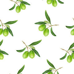 Hand-Painted Watercolor Olive Branches Seamless Pattern