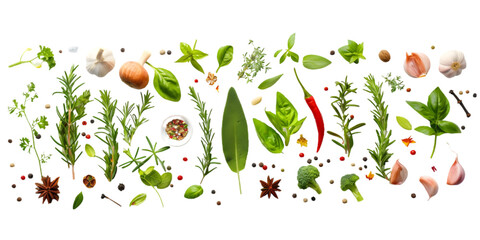 Array of Fresh Herbs and Vegetables on Transparent Background