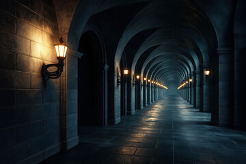 Fototapeta premium A long, mysterious corridor adorned with lanterns on the walls, featuring an infinite perspective created by continuous arches. The dim lighting adds a dramatic ambiance.