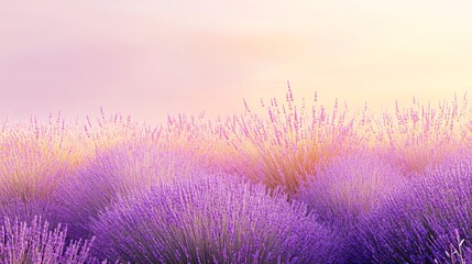 Naklejka premium Purple lavender field with pink and orange sunset sky.