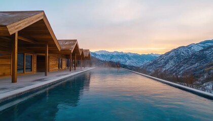Fototapeta premium Escape the Winter Cold with a Relaxing Soak in Mountain Hot Springs, Luxury Cabins, Stunning Views, and a Serene Getaway Await