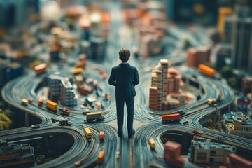 Obraz premium A man in a suit stands in the middle of a busy city street