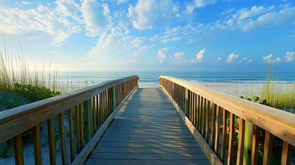 Fototapeta premium A wooden boardwalk leads to a white sand beach with turquoise water and a blue sky with puffy clouds.