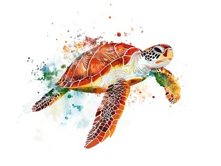 Sea turtle in watercolor with vibrant paint splashes on a white backdrop.